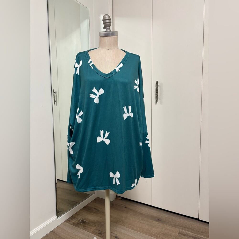 Hopely Women’s 2XL Green Bow Print V-Neck Long Sleeve Casual Blouse  New